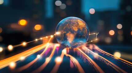 Poster - A digital globe with lines representing economic growth and global financial trends, symbolizing market expansion and worldwide prosperity.