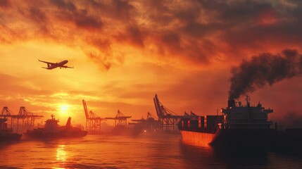 Poster - A dramatic sunrise shot of cargo transportation with a ship, plane, and cranes working in a logistics hub, symbolizing international trade and shipping