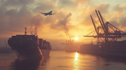 Poster - A dramatic sunrise shot of cargo transportation with a ship, plane, and cranes working in a logistics hub, symbolizing international trade and shipping