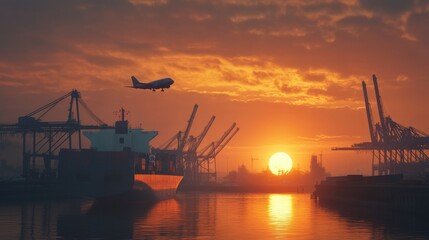 Poster - A dramatic sunrise shot of cargo transportation with a ship, plane, and cranes working in a logistics hub, symbolizing international trade and shipping