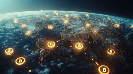 Aufkleber - A futuristic view of the world economy, with crypto transactions linking countries, symbolizing the impact of blockchain technology on global trade.