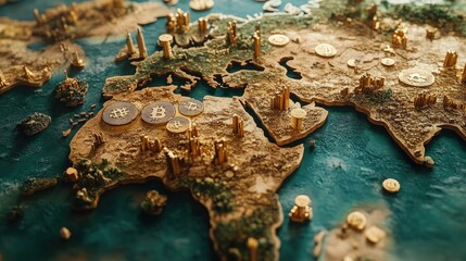 Aufkleber - A futuristic view of the world economy, with crypto transactions linking countries, symbolizing the impact of blockchain technology on global trade.