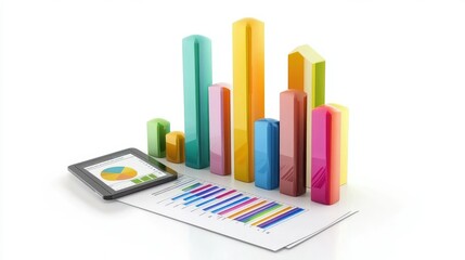 Poster - A minimalist composition of a bar graph, digital tablet, and report paper, all isolated on a white background, perfect for corporate and analytical purposes