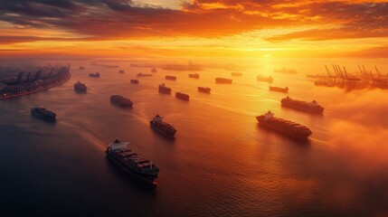 Aufkleber - A panoramic view of logistics operations, with cargo ships and planes working in unison at sunrise, showcasing the transport industry in action