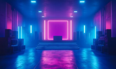 Poster - A vibrant music studio with neon blue lights and glowing synthwave aesthetics