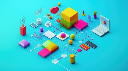 Poster - A vivid, colorful design thinking flowchart in a 3D top view, displaying a clear roadmap of innovation and problem-solving strategies.