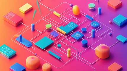 Poster - A vivid, colorful design thinking flowchart in a 3D top view, displaying a clear roadmap of innovation and problem-solving strategies.