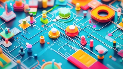 Poster - A vivid, colorful design thinking flowchart in a 3D top view, displaying a clear roadmap of innovation and problem-solving strategies.