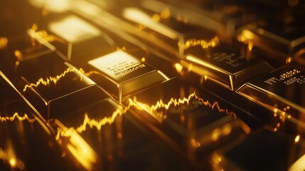 Poster - Diagram of gold stock investments, showing growth, profit, and financial success with an upward trend in a golden market, ideal for finance presentations.
