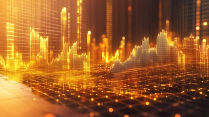 Poster - Gold stock trade analysis with profit growth lines, market data, and 3D chart representation, showing investment opportunities in the financial sector.