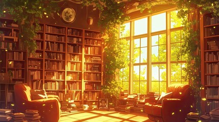 Wall Mural - Sunlit Library Room Filled With Books And Plants