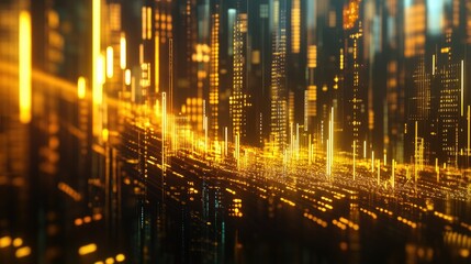 Poster - Gold stock trade analysis with profit growth lines, market data, and 3D chart representation, showing investment opportunities in the financial sector.