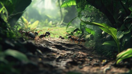 Poster - Macro shot of ants diligently carrying leaves, marching along a jungle trail, highlighting their teamwork and determination in the wilderness.
