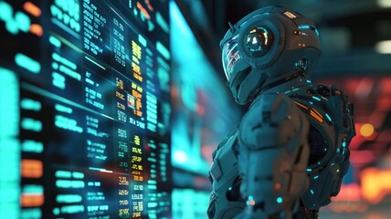 Canvas Print - A humanoid robot is looking at the stock market screen with numbers, displaying various stock ticker symbols and colorful numbers. showing real-time trading data , generative ai