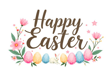 Wall Mural - Happy Easter illustration with eggs, flowers and rabbit on white background. Holiday banner.