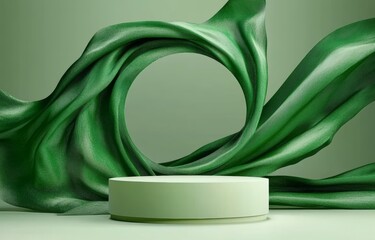 Poster - Green Pedestal Display with Flowing Silk Ribbons in Minimalist Scene for Beauty Product Presentation