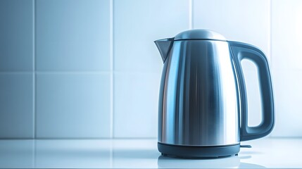 Poster - A sleek electric kettle with a stainless steel finish, placed on a clean white surface with soft lighting highlighting its modern design.