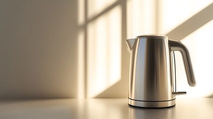 Poster - A sleek electric kettle with a stainless steel finish, placed on a clean white surface with soft lighting highlighting its modern design.