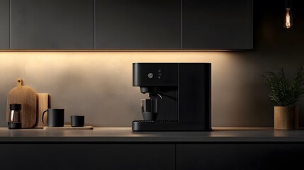 Aufkleber - A minimalist coffee machine in matte black, displayed on a plain countertop with neutral lighting emphasizing its sleek form.