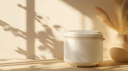 Poster - An electric rice cooker with a modern, compact design, placed on a neutral-toned surface with soft shadows.