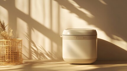 Poster - An electric rice cooker with a modern, compact design, placed on a neutral-toned surface with soft shadows.