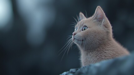 Wall Mural - Cute ginger kitten sitting outdoors, looking up with curious expression.