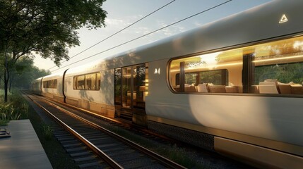 Poster - A sleek electric train travels along tracks bordered by lush greenery during golden hour, showcasing its contemporary design and comfortable interior visible through expansive windows.