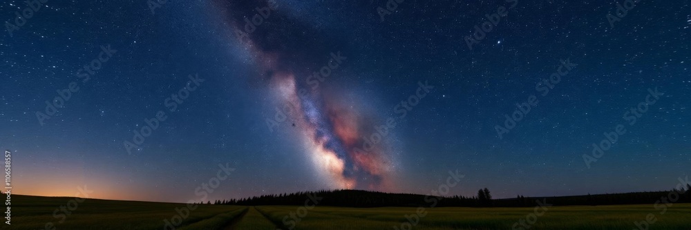 Blue dark night sky filled with countless stars above a field of trees ...