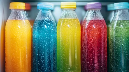 Poster - Colorful bottles of freshly made juice in a refrigerator create an inviting sight. Each bottle features a different fruit flavor, showcasing a range of refreshing options for a healthy choice.