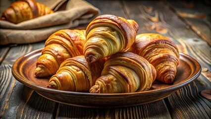 Wall Mural - A stack of golden croissants arranged on a wooden platter, illuminated by warm, inviting light, and presented on a rustic wooden surface.