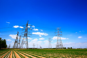 Wall Mural - pylon, high-voltage tower sky background.