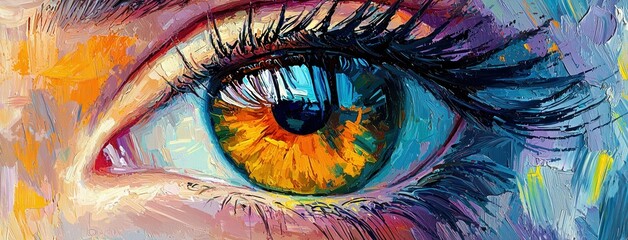 Canvas Print - Vibrant close-up of a human eye with striking orange and blue hues, reflecting colorful artistic strokes and emotional depth, showcasing unique beauty and expression.