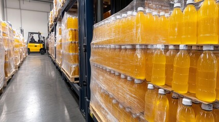Fototapete - A spacious warehouse filled with neatly arranged pallets of bottled juice. Forklifts maneuver between the aisles, showcasing the efficient operation of beverage distribution.