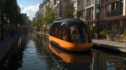 Poster - A sleek electric transport vessel moves quietly through a calm canal surrounded by contemporary buildings and lush greenery. The design showcases modern technology in an urban environment.