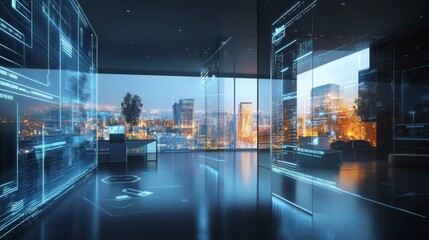 Poster - A sleek real estate office showcases advanced AI technology with digital displays. Floor-to-ceiling windows reveal a breathtaking urban skyline illuminated at night, creating a futuristic atmosphere.