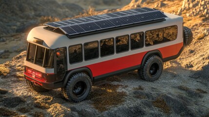 Poster - This electric transport vehicle, equipped with solar panels on its roof, is parked on a rocky terrain surrounded by natural beauty. It represents the future of sustainable travel and ingenuity.