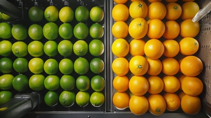 Poster - Limes and oranges are neatly lined up in a display, showcasing vibrant green and orange colors. These fruits are ready for juice making in a bustling kitchen or market setting.