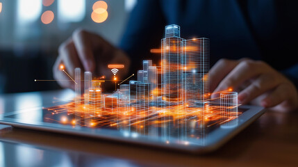 Poster - digital representation of smart city on tablet screen, showcasing technology