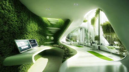 Canvas Print - Modern Eco-Friendly Office Interior with Green Elements and Natural Light