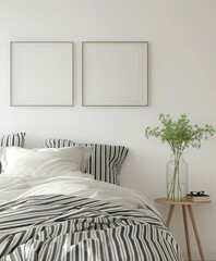 Wall Mural - Minimalist bedroom with white walls. a bed with white bedding and black stripes. and a vase with green plants