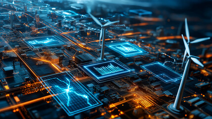 Poster - digital map showcasing wind turbines and energy data visualization