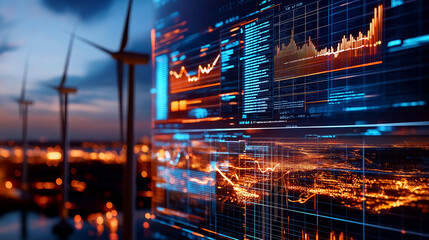 Poster - Wind turbines with data visualization at sunset, showcasing energy trends