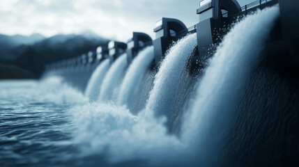 Poster - stunning view of hydropower dam with flowing water and mountains