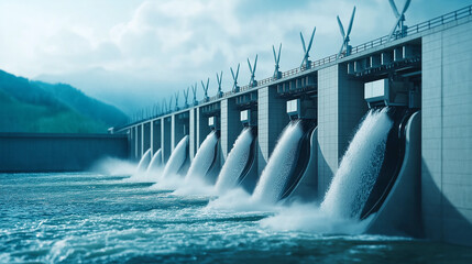 Poster - stunning view of hydropower dam with flowing water and turbines