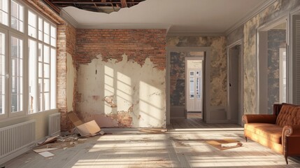 Poster - Furniture and debris clutter the empty room highlighting the peeling wallpaper and exposed brick. Sunlight casts shadows across the floor, revealing the potential for a modern living space.