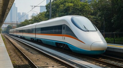 Poster - A sleek electric train waits at an urban station, showcasing its streamlined design and modern features.