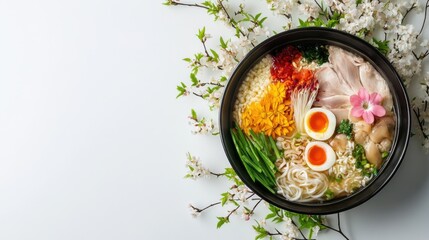 Wall Mural - きれいな白い背景に花が咲いたカラフルな春のラーメン丼の航空写真