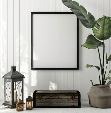 Blank square frame mockup on a white wall with a wooden chest. candles. and a green plant