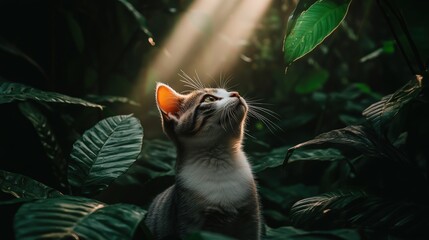 Sticker - Enchanting Cat in Sunlit Jungle: Curious Kitten in Lush Greenery, Forest Exploration, Nature's Serenity, Radiant Light Beam, Wildlife Photography Art