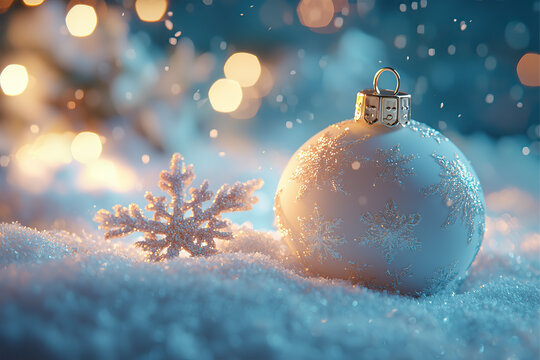 A beautiful Christmas background with snowflakes and decorations. A white ornament on the righ